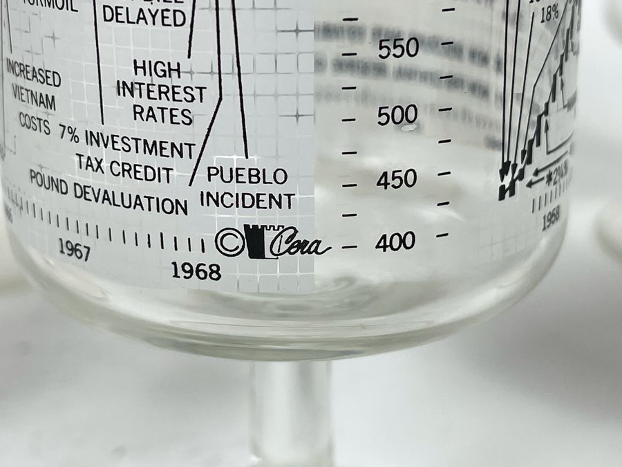 JUST ADDED - Set Of Six Mid-Century Ten Year Dow Jones Industrial Average From 1958-1968 Stemware Glasses 6.5H [Photo 10]