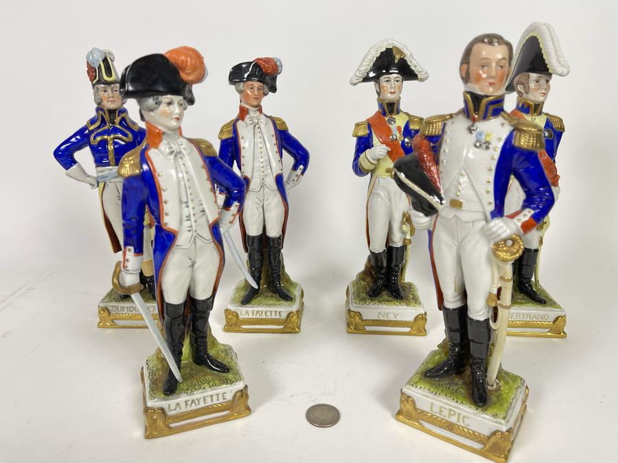 JUST ADDED - Collection Of Six Vintage German Democratic Republic (GDR) Hand Painted Saxon Porcelain French Napoleonic Soldier Figurines From Scheibe Alsbach - Thuringia Signed 10H