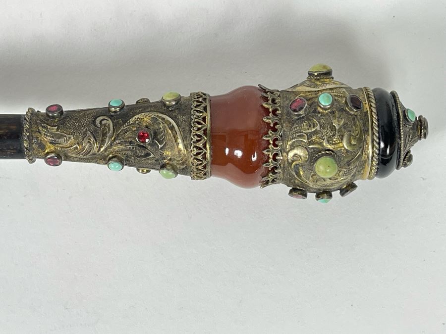 JUST ADDED - Stunning Antique 1850 Austrian Jeweled Silver Gilt Perfume Dress Cane With Turquoise, Garnets, Red Carnelian And Black Onyx 37.25'L Handle Is 4' X 1.5' [Photo 5]