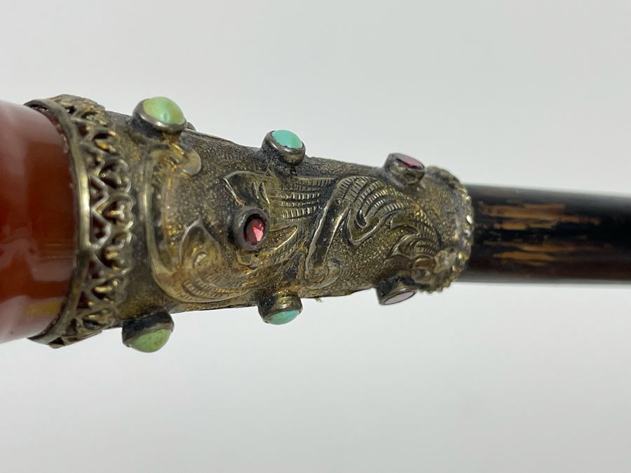 JUST ADDED - Stunning Antique 1850 Austrian Jeweled Silver Gilt Perfume Dress Cane With Turquoise, Garnets, Red Carnelian And Black Onyx 37.25'L Handle Is 4' X 1.5' [Photo 17]