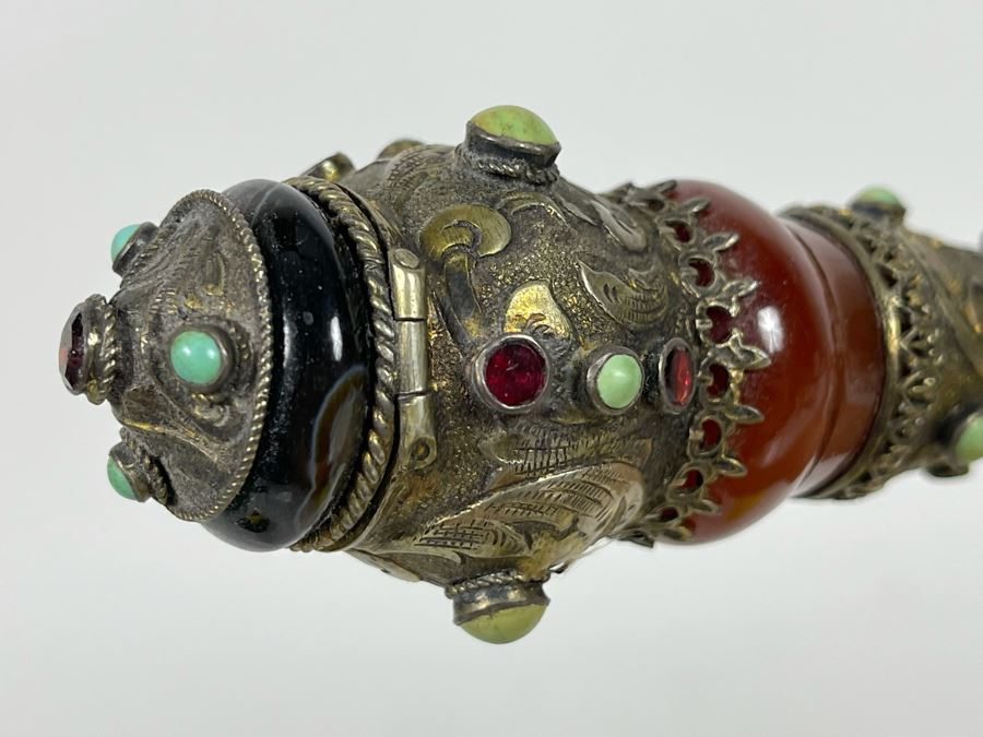 JUST ADDED - Stunning Antique 1850 Austrian Jeweled Silver Gilt Perfume Dress Cane With Turquoise, Garnets, Red Carnelian And Black Onyx 37.25'L Handle Is 4' X 1.5' [Photo 25]
