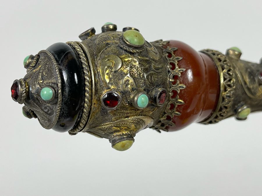 JUST ADDED - Stunning Antique 1850 Austrian Jeweled Silver Gilt Perfume Dress Cane With Turquoise, Garnets, Red Carnelian And Black Onyx 37.25'L Handle Is 4' X 1.5' [Photo 22]