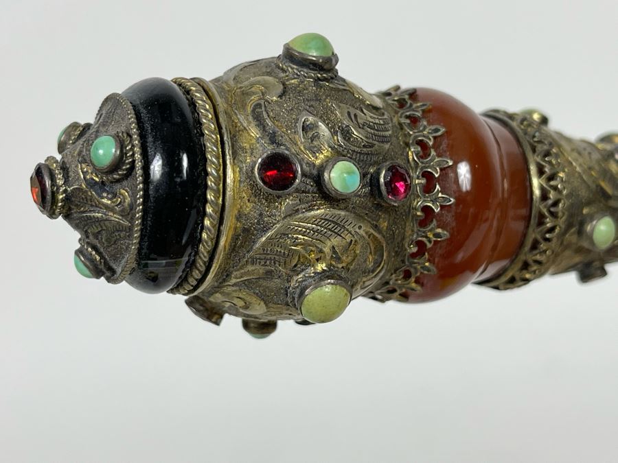 JUST ADDED - Stunning Antique 1850 Austrian Jeweled Silver Gilt Perfume Dress Cane With Turquoise, Garnets, Red Carnelian And Black Onyx 37.25'L Handle Is 4' X 1.5' [Photo 27]