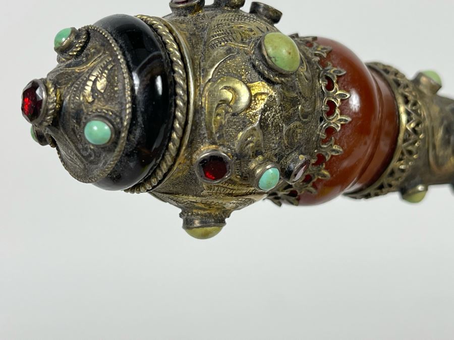 JUST ADDED - Stunning Antique 1850 Austrian Jeweled Silver Gilt Perfume Dress Cane With Turquoise, Garnets, Red Carnelian And Black Onyx 37.25'L Handle Is 4' X 1.5' [Photo 28]