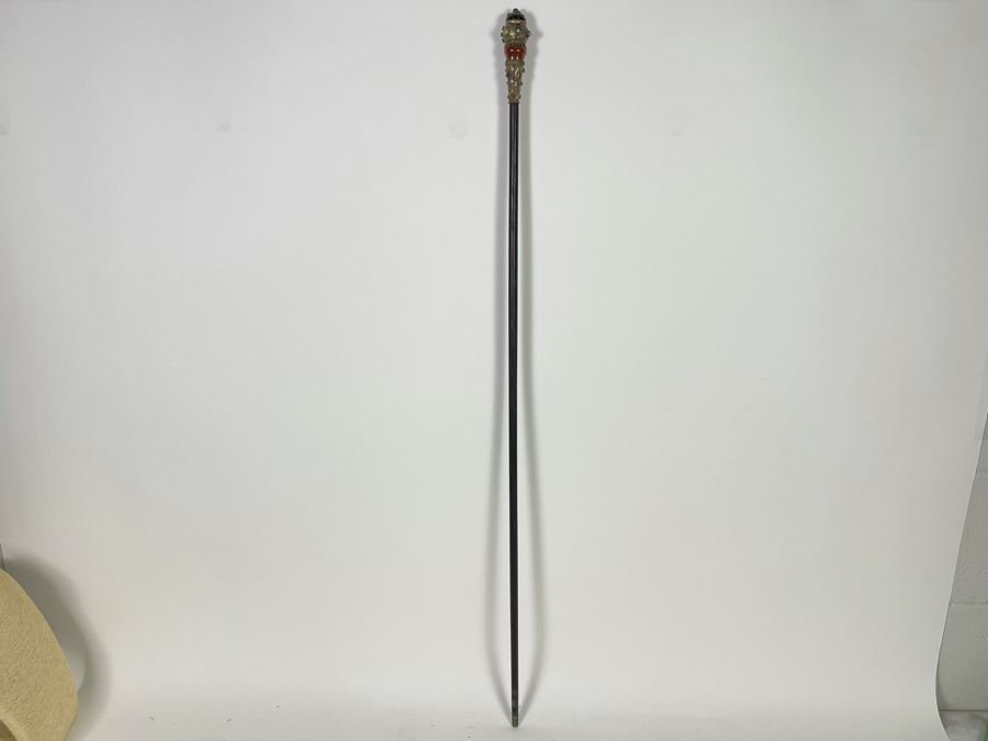 JUST ADDED - Stunning Antique 1850 Austrian Jeweled Silver Gilt Perfume Dress Cane With Turquoise, Garnets, Red Carnelian And Black Onyx 37.25'L Handle Is 4' X 1.5' [Photo 2]