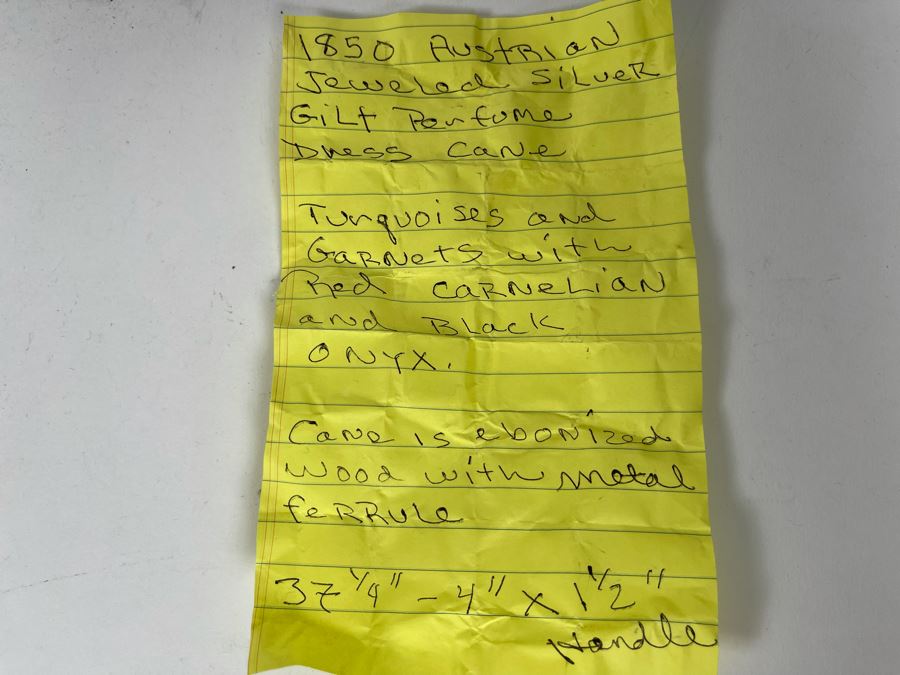 JUST ADDED - Stunning Antique 1850 Austrian Jeweled Silver Gilt Perfume Dress Cane With Turquoise, Garnets, Red Carnelian And Black Onyx 37.25'L Handle Is 4' X 1.5' [Photo 34]