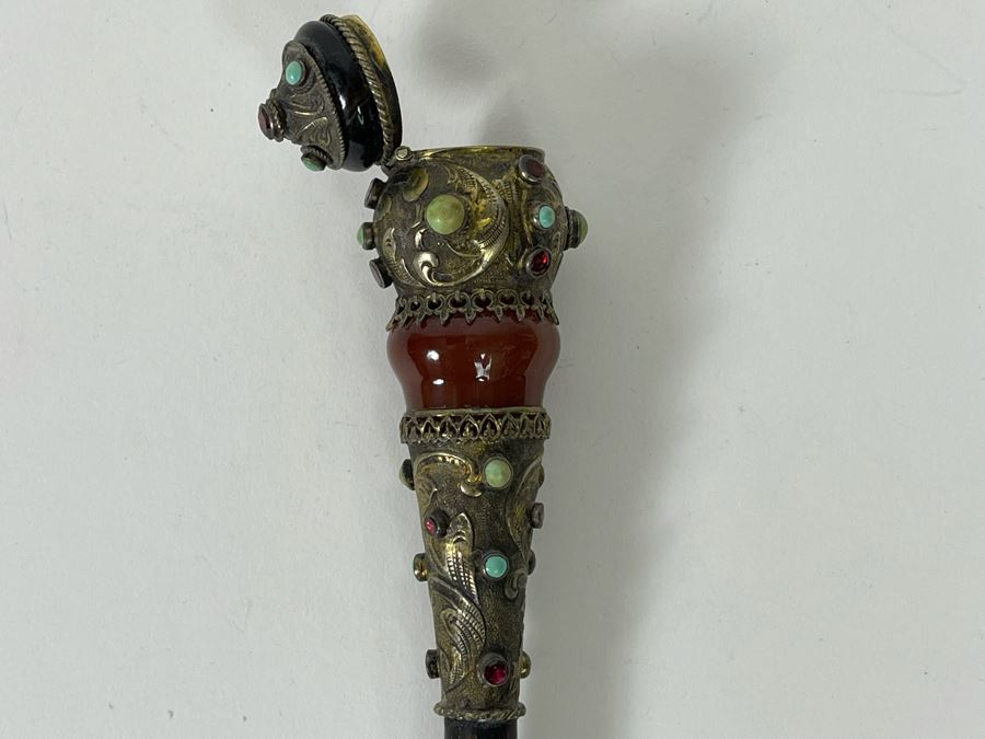 JUST ADDED - Stunning Antique 1850 Austrian Jeweled Silver Gilt Perfume Dress Cane With Turquoise, Garnets, Red Carnelian And Black Onyx 37.25'L Handle Is 4' X 1.5' [Photo 9]
