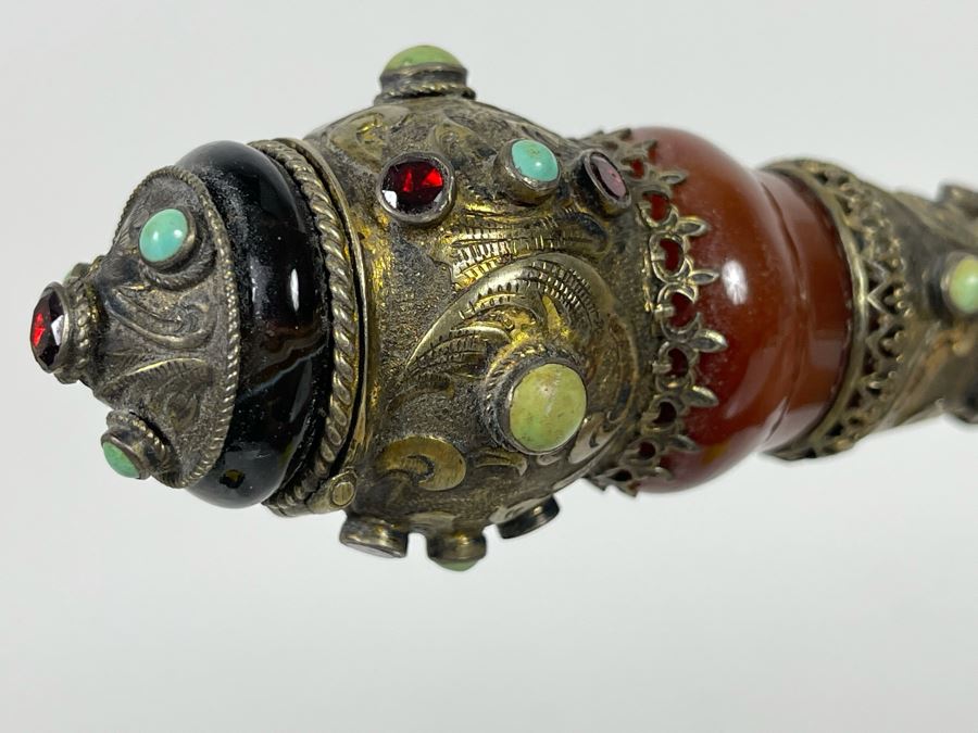 JUST ADDED - Stunning Antique 1850 Austrian Jeweled Silver Gilt Perfume Dress Cane With Turquoise, Garnets, Red Carnelian And Black Onyx 37.25'L Handle Is 4' X 1.5' [Photo 23]