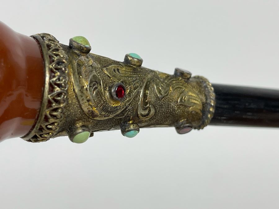 JUST ADDED - Stunning Antique 1850 Austrian Jeweled Silver Gilt Perfume Dress Cane With Turquoise, Garnets, Red Carnelian And Black Onyx 37.25'L Handle Is 4' X 1.5' [Photo 19]