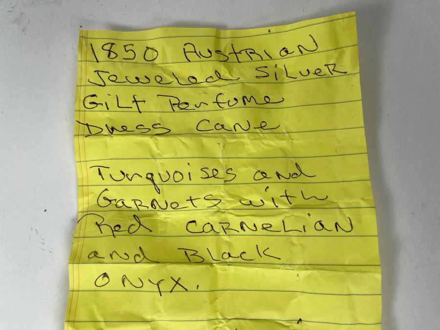 JUST ADDED - Stunning Antique 1850 Austrian Jeweled Silver Gilt Perfume Dress Cane With Turquoise, Garnets, Red Carnelian And Black Onyx 37.25'L Handle Is 4' X 1.5' [Photo 35]