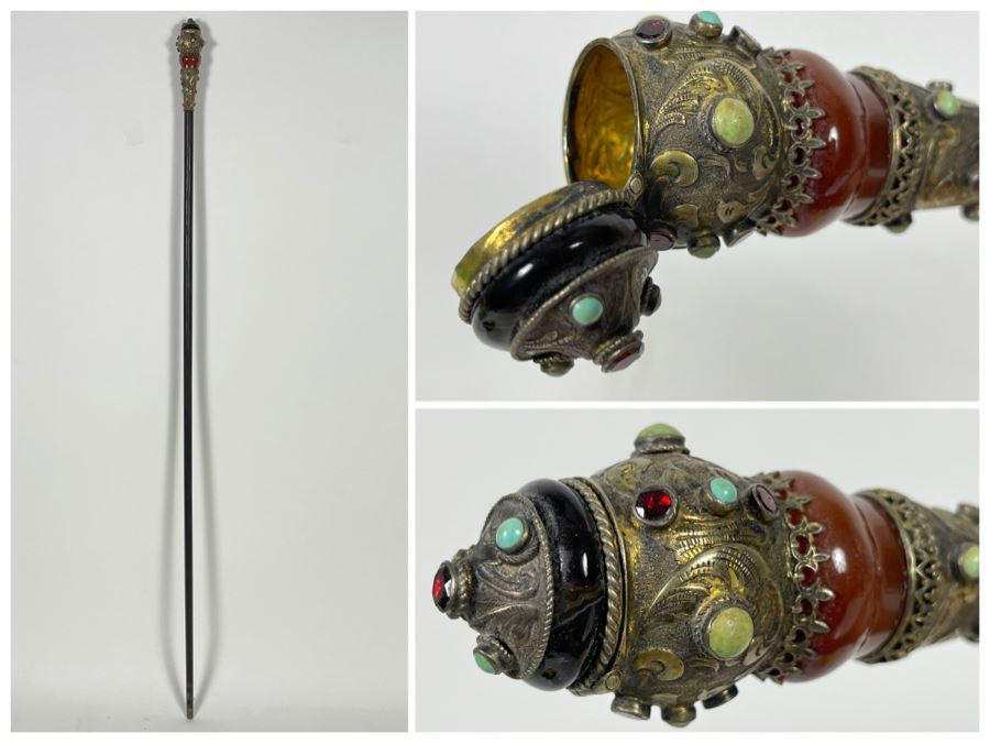 JUST ADDED - Stunning Antique 1850 Austrian Jeweled Silver Gilt Perfume Dress Cane With Turquoise, Garnets, Red Carnelian And Black Onyx 37.25'L Handle Is 4' X 1.5'