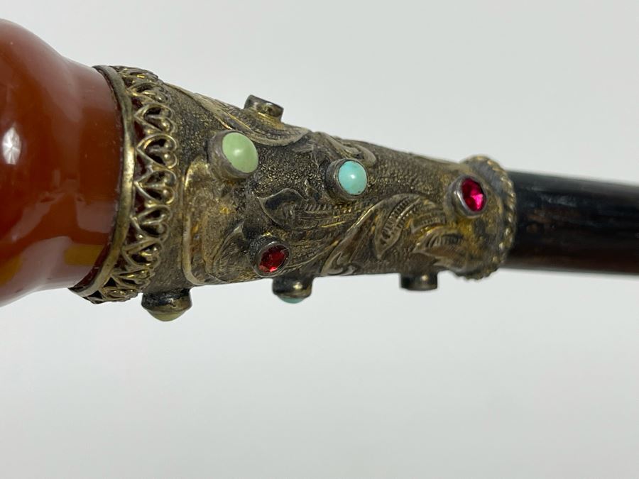 JUST ADDED - Stunning Antique 1850 Austrian Jeweled Silver Gilt Perfume Dress Cane With Turquoise, Garnets, Red Carnelian And Black Onyx 37.25'L Handle Is 4' X 1.5' [Photo 20]