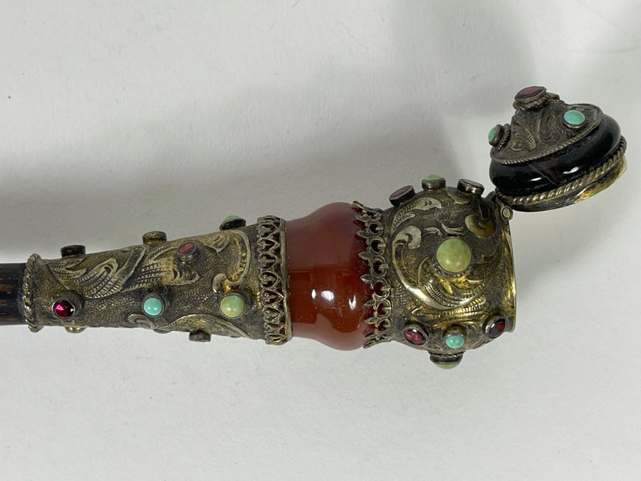 JUST ADDED - Stunning Antique 1850 Austrian Jeweled Silver Gilt Perfume Dress Cane With Turquoise, Garnets, Red Carnelian And Black Onyx 37.25'L Handle Is 4' X 1.5' [Photo 8]