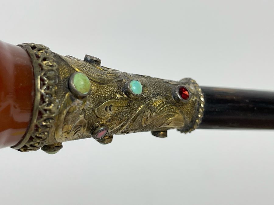 JUST ADDED - Stunning Antique 1850 Austrian Jeweled Silver Gilt Perfume Dress Cane With Turquoise, Garnets, Red Carnelian And Black Onyx 37.25'L Handle Is 4' X 1.5' [Photo 18]