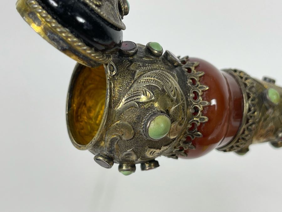 JUST ADDED - Stunning Antique 1850 Austrian Jeweled Silver Gilt Perfume Dress Cane With Turquoise, Garnets, Red Carnelian And Black Onyx 37.25'L Handle Is 4' X 1.5' [Photo 32]