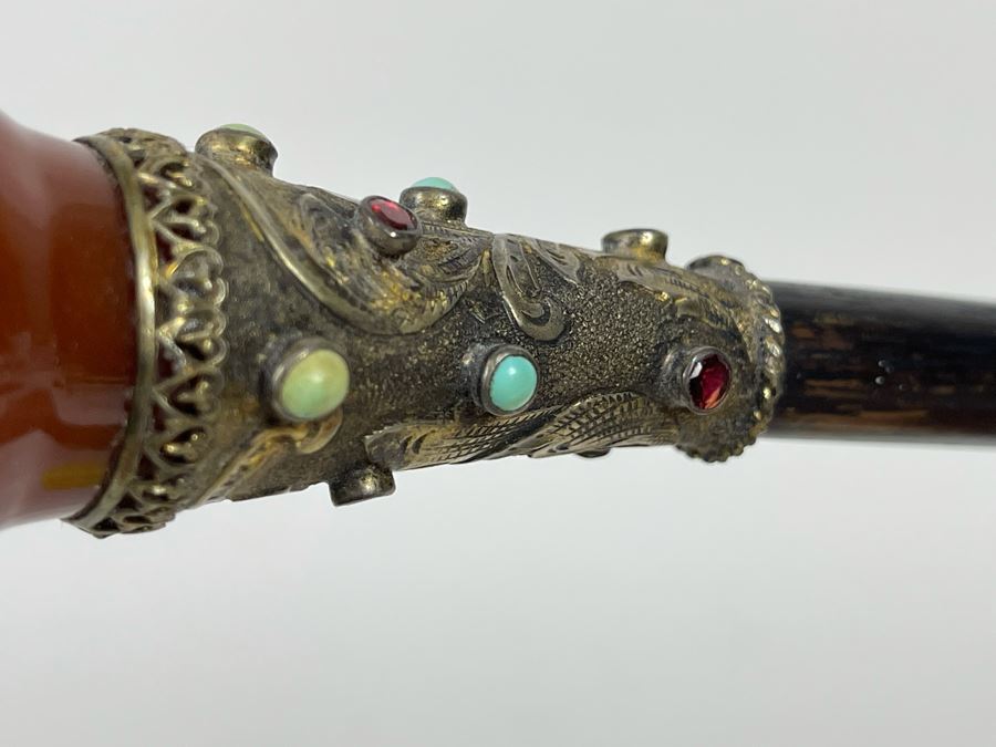 JUST ADDED - Stunning Antique 1850 Austrian Jeweled Silver Gilt Perfume Dress Cane With Turquoise, Garnets, Red Carnelian And Black Onyx 37.25'L Handle Is 4' X 1.5' [Photo 16]