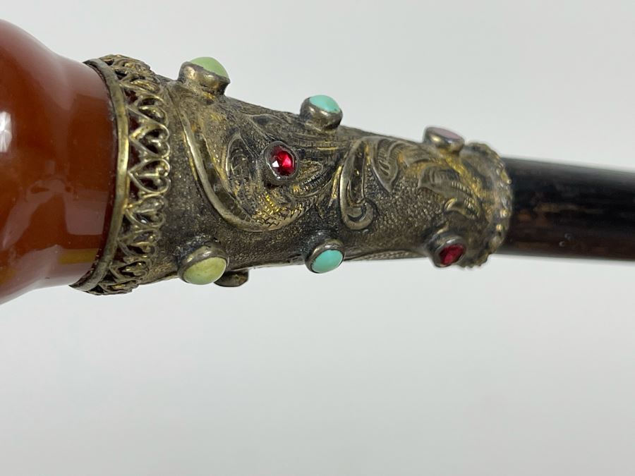 JUST ADDED - Stunning Antique 1850 Austrian Jeweled Silver Gilt Perfume Dress Cane With Turquoise, Garnets, Red Carnelian And Black Onyx 37.25'L Handle Is 4' X 1.5' [Photo 21]