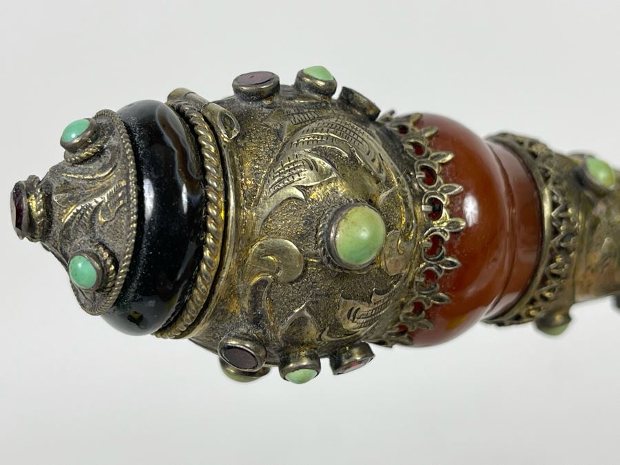 JUST ADDED - Stunning Antique 1850 Austrian Jeweled Silver Gilt Perfume Dress Cane With Turquoise, Garnets, Red Carnelian And Black Onyx 37.25'L Handle Is 4' X 1.5' [Photo 26]