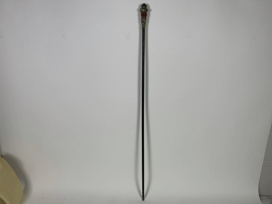 JUST ADDED - Stunning Antique 1850 Austrian Jeweled Silver Gilt Perfume Dress Cane With Turquoise, Garnets, Red Carnelian And Black Onyx 37.25'L Handle Is 4' X 1.5' [Photo 3]
