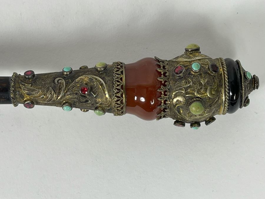 JUST ADDED - Stunning Antique 1850 Austrian Jeweled Silver Gilt Perfume Dress Cane With Turquoise, Garnets, Red Carnelian And Black Onyx 37.25'L Handle Is 4' X 1.5' [Photo 4]
