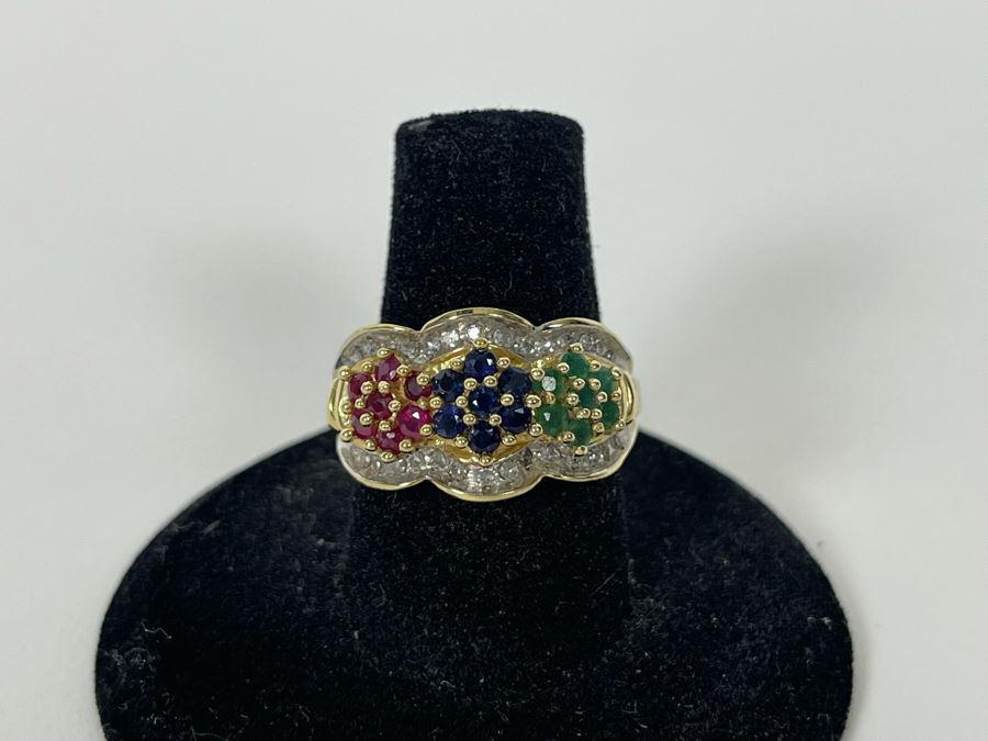 10K Ruby Sapphire Emerald Diamond Ring Size 7.25 4.8g [Photo 4]
