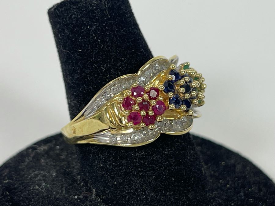 10K Ruby Sapphire Emerald Diamond Ring Size 7.25 4.8g [Photo 5]