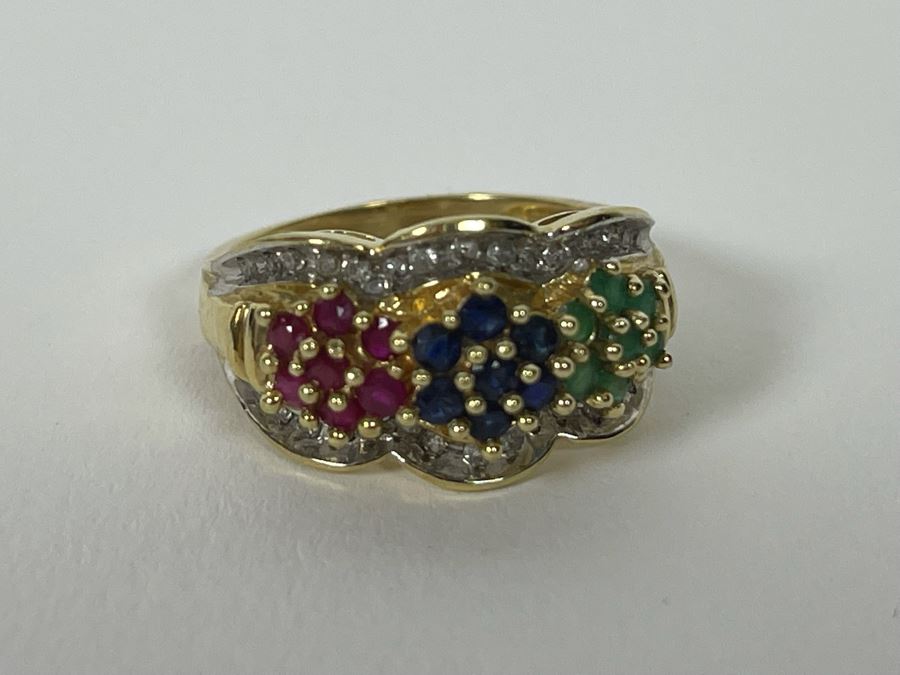 10K Ruby Sapphire Emerald Diamond Ring Size 7.25 4.8g [Photo 8]
