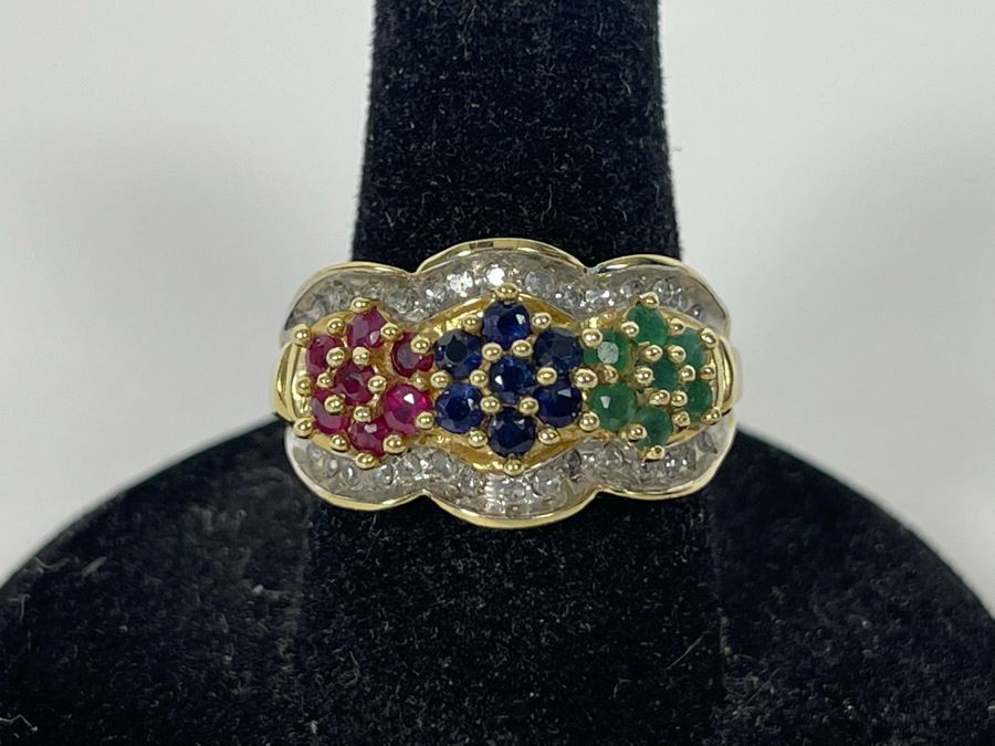10K Ruby Sapphire Emerald Diamond Ring Size 7.25 4.8g