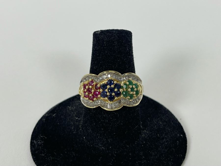 10K Ruby Sapphire Emerald Diamond Ring Size 7.25 4.8g [Photo 3]