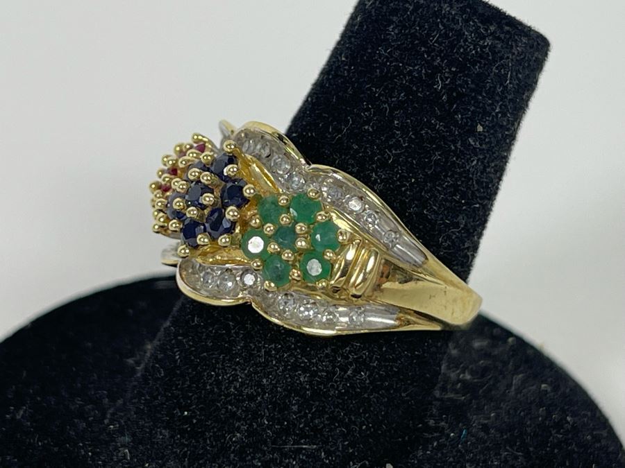 10K Ruby Sapphire Emerald Diamond Ring Size 7.25 4.8g [Photo 6]