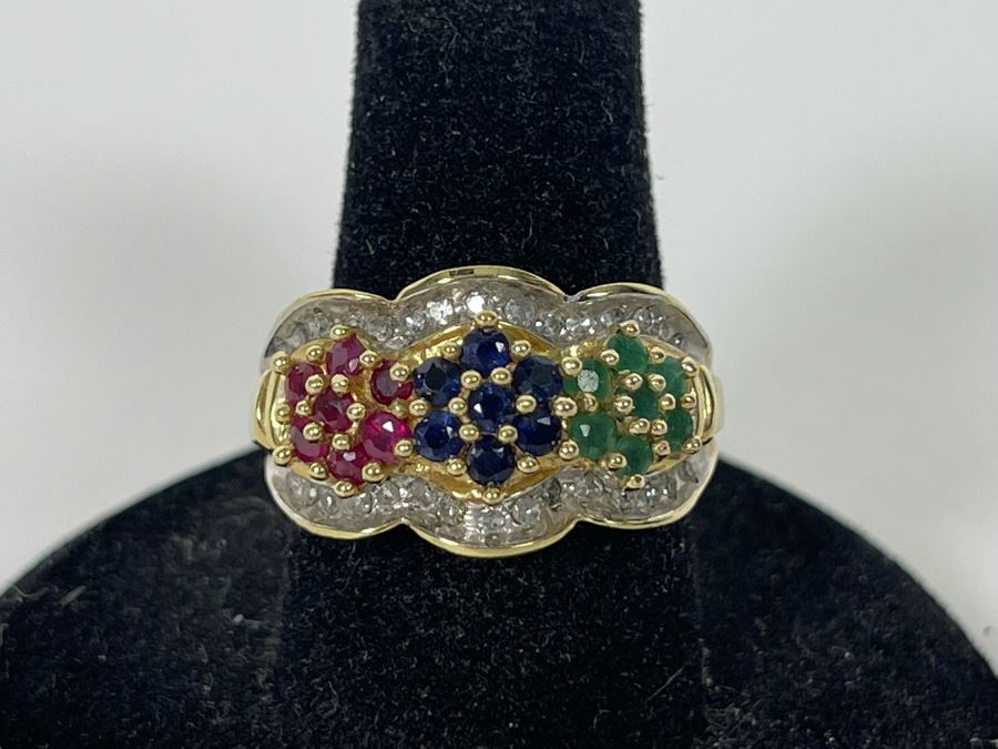 10K Ruby Sapphire Emerald Diamond Ring Size 7.25 4.8g [Photo 2]