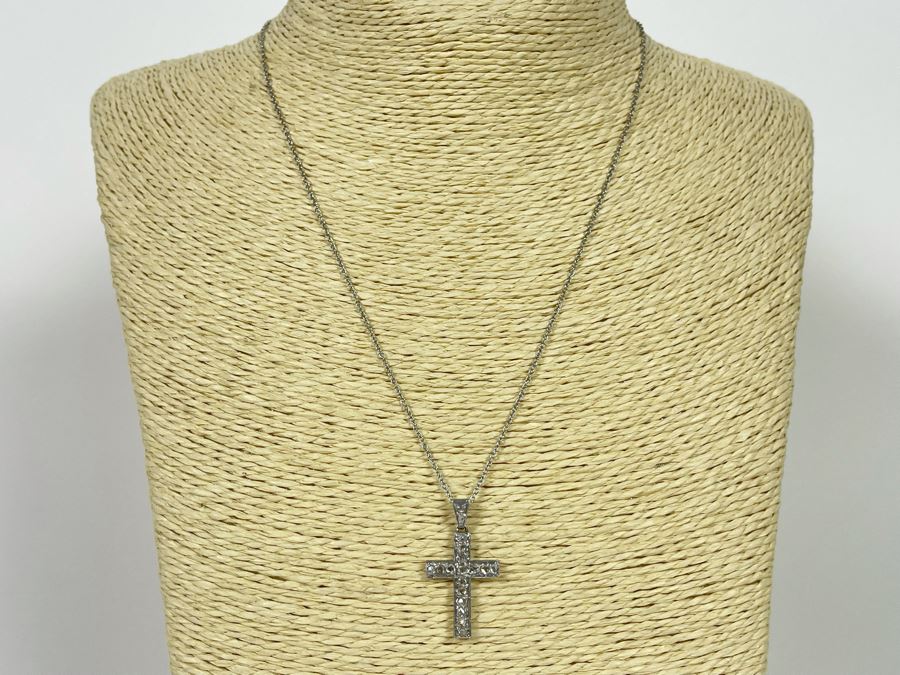 Platinum 950 Cross Pendant With Rose Cut Diamonds And Plantinum 950 18' Chain Necklace 5.3g Estimate $660-$990 [Photo 2]