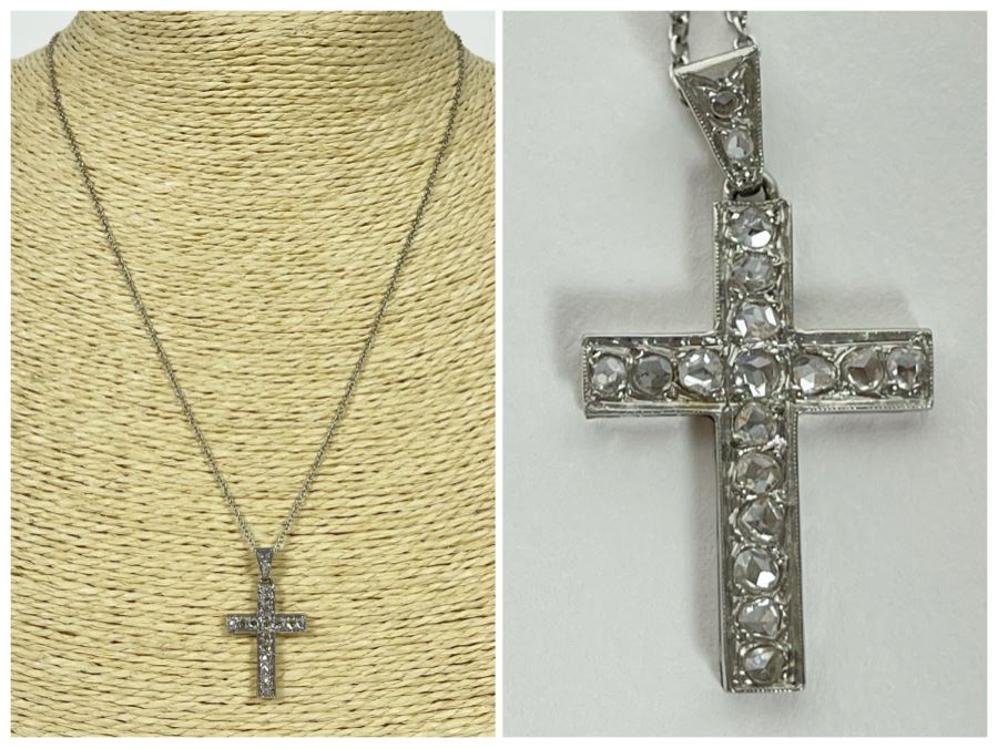 Platinum 950 Cross Pendant With Rose Cut Diamonds And Plantinum 950 18' Chain Necklace 5.3g Estimate $660-$990