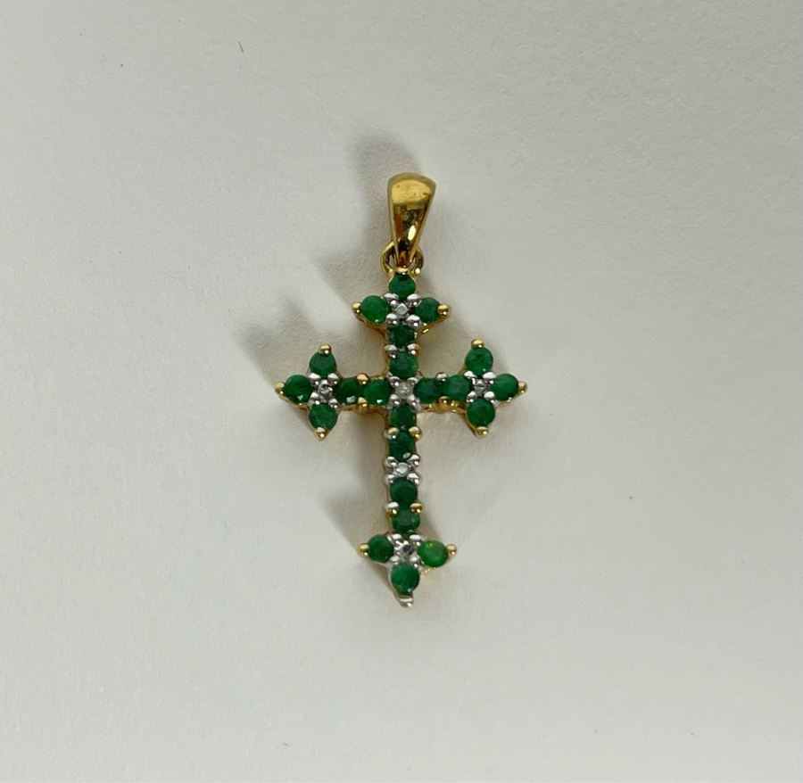 10K Gold Emerald And Diamond Cross Pendant 1.5g [Photo 4]