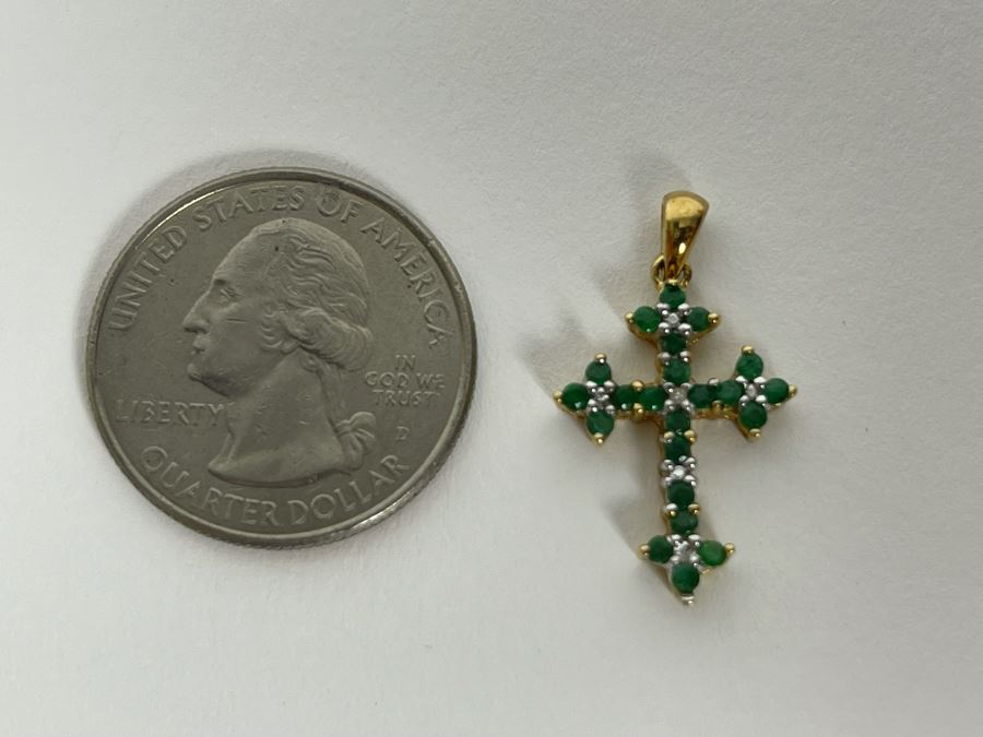 10K Gold Emerald And Diamond Cross Pendant 1.5g [Photo 9]