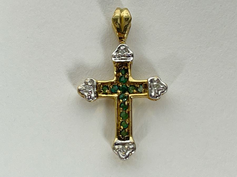 10K Emerald And Diamond Cross Pendant 1.6g