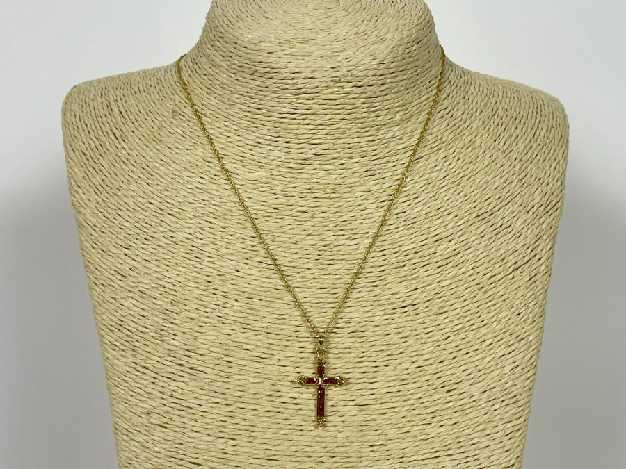 14K Gold Ruby Cross Pendant With 14K Gold 16' Chain Necklace 2.3g [Photo 2]