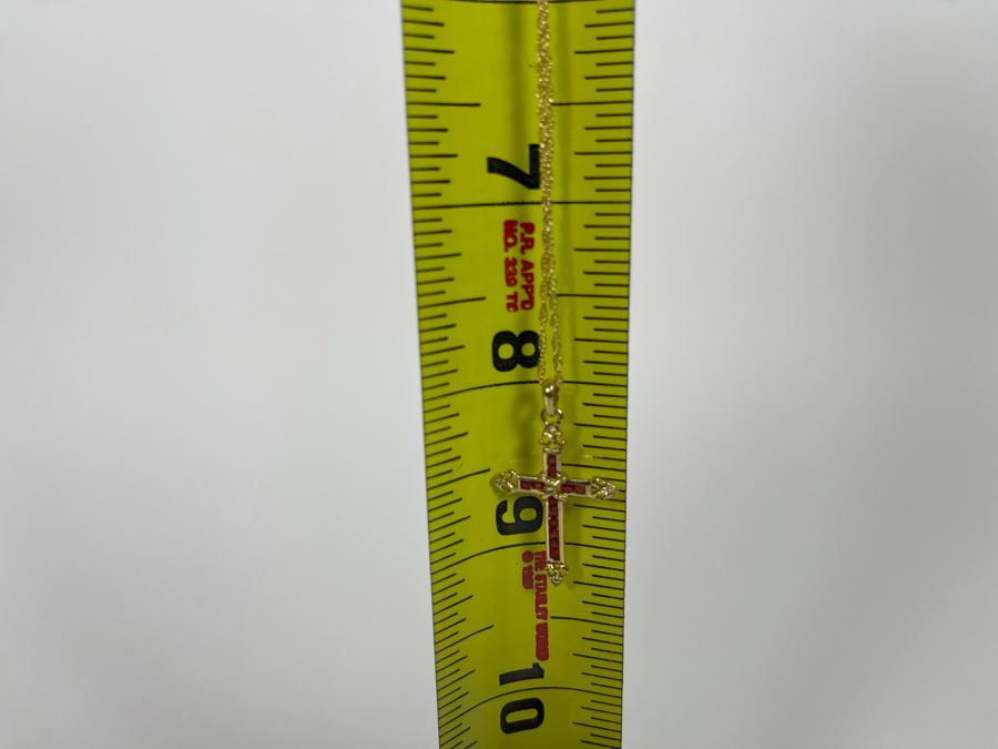 14K Gold Ruby Cross Pendant With 14K Gold 16' Chain Necklace 2.3g [Photo 12]