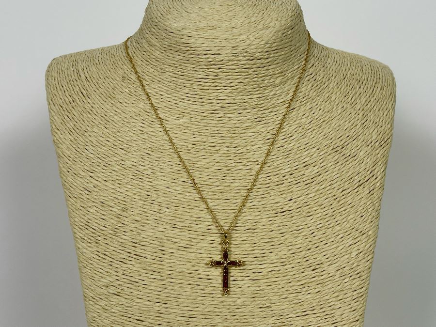 14K Gold Ruby Cross Pendant With 14K Gold 16' Chain Necklace 2.3g [Photo 3]