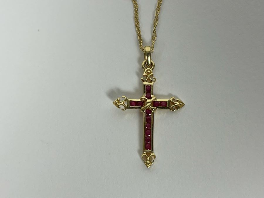 14K Gold Ruby Cross Pendant With 14K Gold 16' Chain Necklace 2.3g [Photo 6]