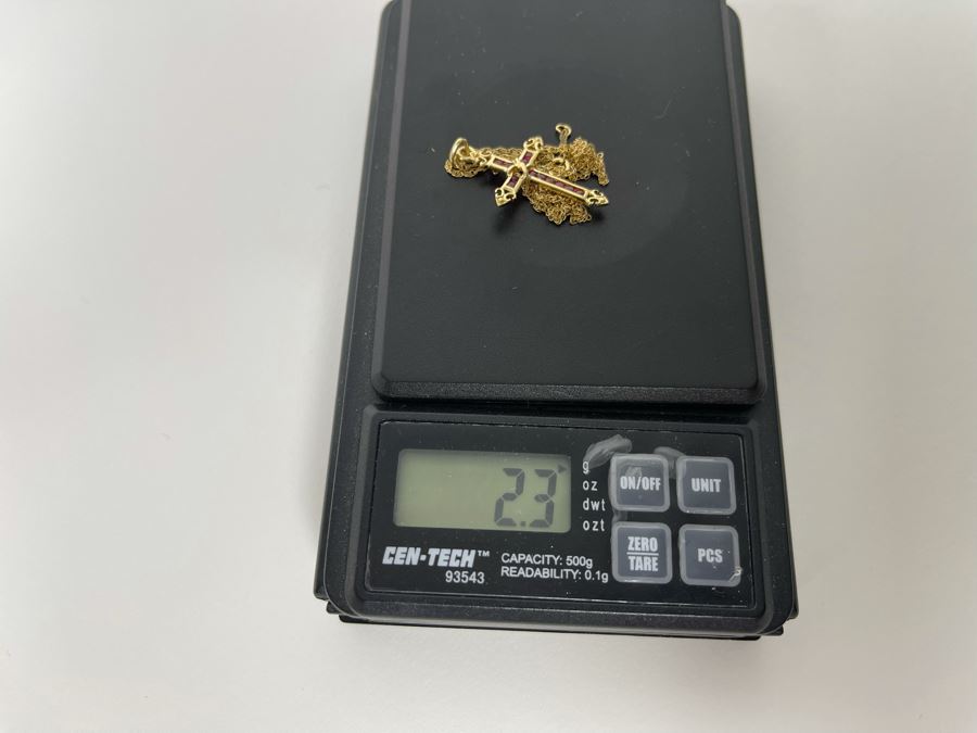 14K Gold Ruby Cross Pendant With 14K Gold 16' Chain Necklace 2.3g [Photo 11]