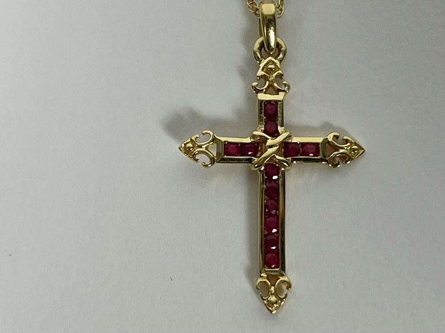 14K Gold Ruby Cross Pendant With 14K Gold 16' Chain Necklace 2.3g [Photo 8]