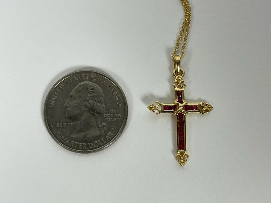 14K Gold Ruby Cross Pendant With 14K Gold 16' Chain Necklace 2.3g [Photo 10]