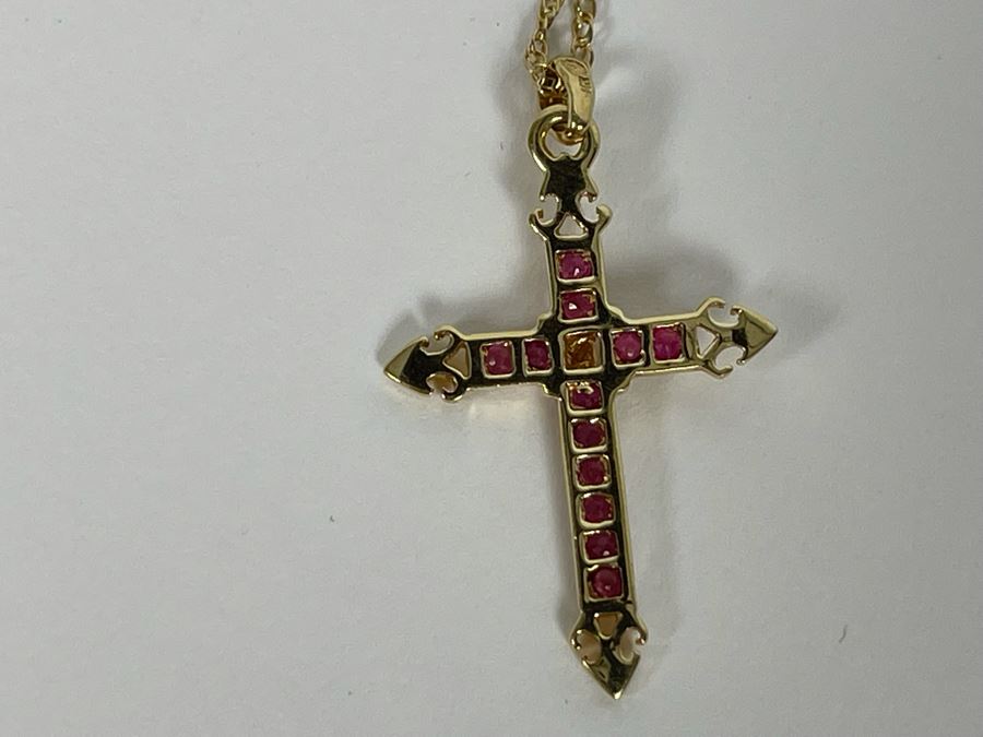 14K Gold Ruby Cross Pendant With 14K Gold 16' Chain Necklace 2.3g [Photo 9]