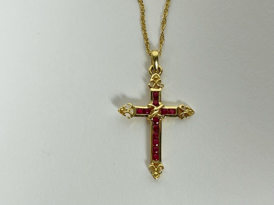 14K Gold Ruby Cross Pendant With 14K Gold 16' Chain Necklace 2.3g [Photo 7]