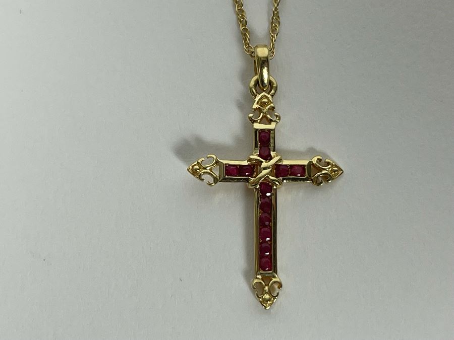 14K Gold Ruby Cross Pendant With 14K Gold 16' Chain Necklace 2.3g [Photo 5]