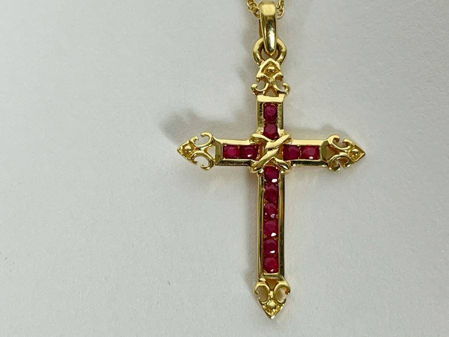 14K Gold Ruby Cross Pendant With 14K Gold 16' Chain Necklace 2.3g [Photo 4]