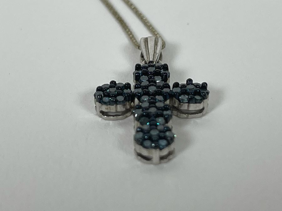 Sterling Silver Blue Diamond Cross Pendant With Sterling Silver 24' Chain Necklace 3g [Photo 6]