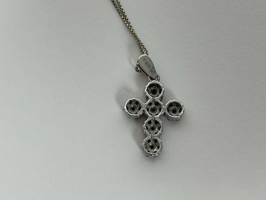 Sterling Silver Blue Diamond Cross Pendant With Sterling Silver 24' Chain Necklace 3g [Photo 9]