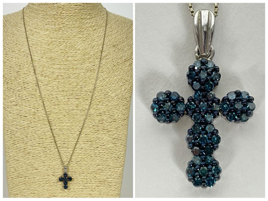 Sterling Silver Blue Diamond Cross Pendant With Sterling Silver 24' Chain Necklace 3g